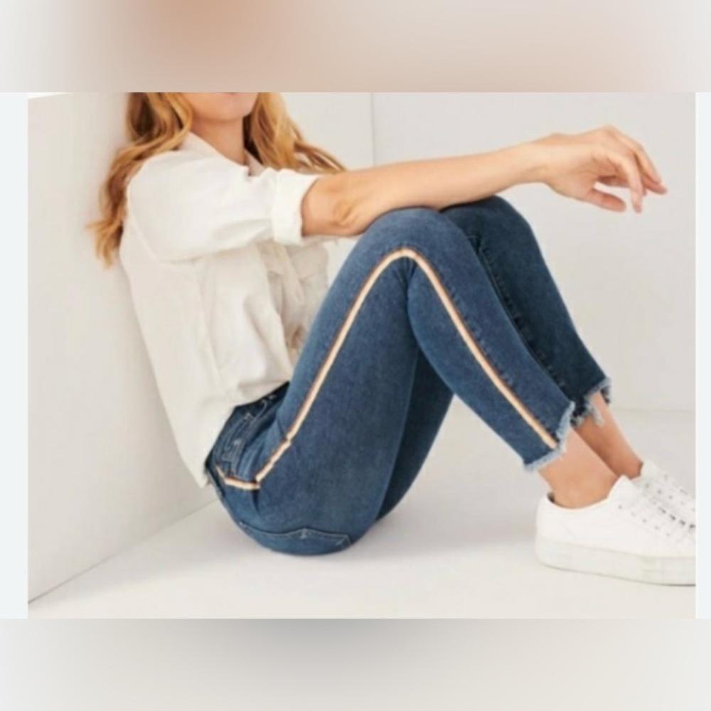 Abercrombie & Fitch Harper MidRise Ankle Jean Sz26/2-Side Stripe -RawHem🤎🧡EUC​